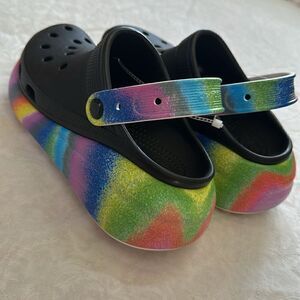 Copy Crocs Platform Classic Crush Spray Dye  Black Rainbow Slip On Shoes M 6 W 8